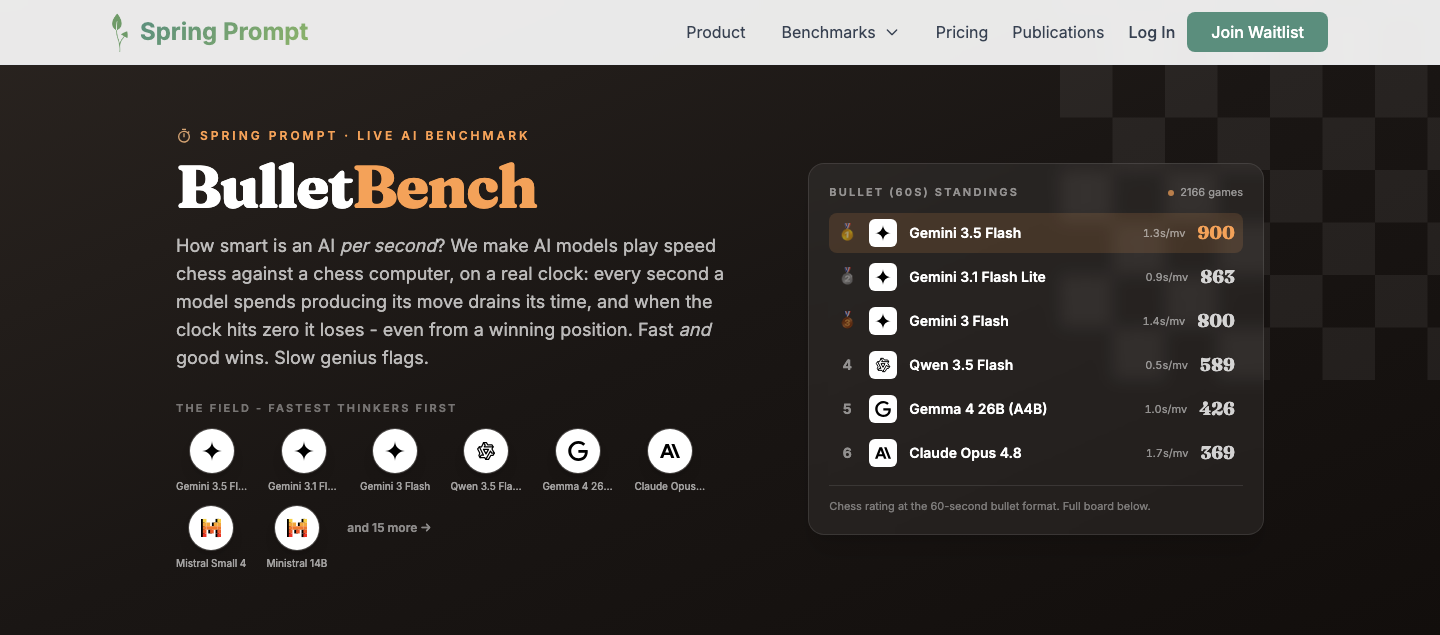 BulletBench: AI models play speed chess against a chess computer, with every second of API latency deducted from their game clock.