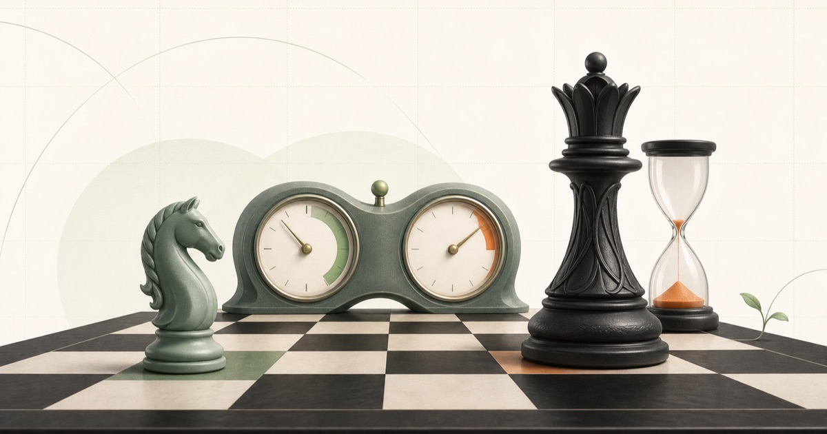 A fast sage chess knight reaches the board in time while a larger black queen stands beside an almost-empty hourglass.