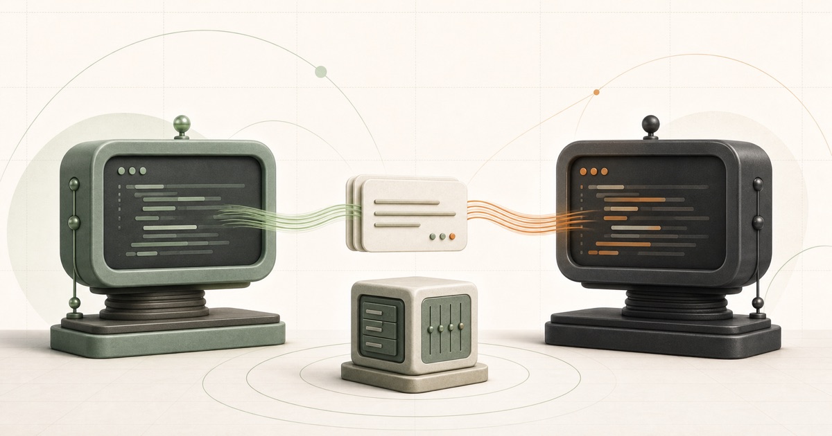 Two sculptural computer terminals pass conversation cards across a shared repository cube.