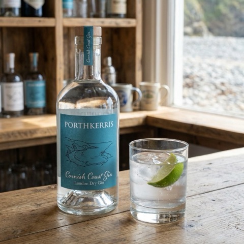 Gin bottle and a glass on a shop counter